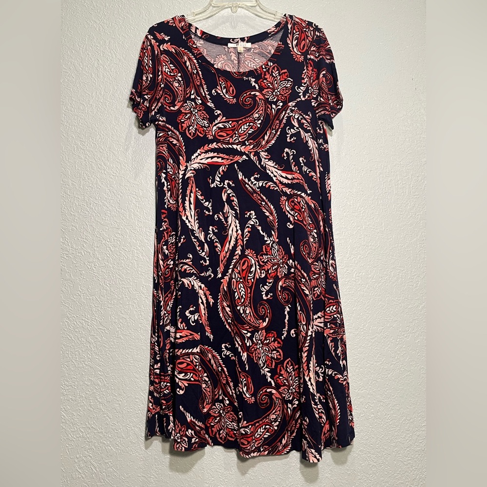 SPENSE Navy & Pink Paisley Print Soft & Flowy Short Sleeve Dress Size L